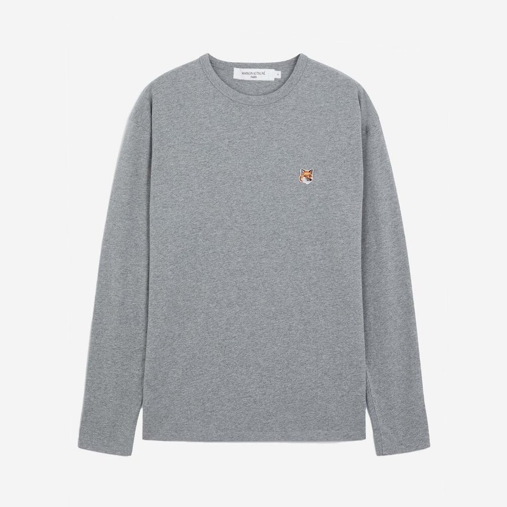 MAISON KITSUNE Men's Fox Head Patch Long Sleeve Tee-Shirt Size S In Gray
